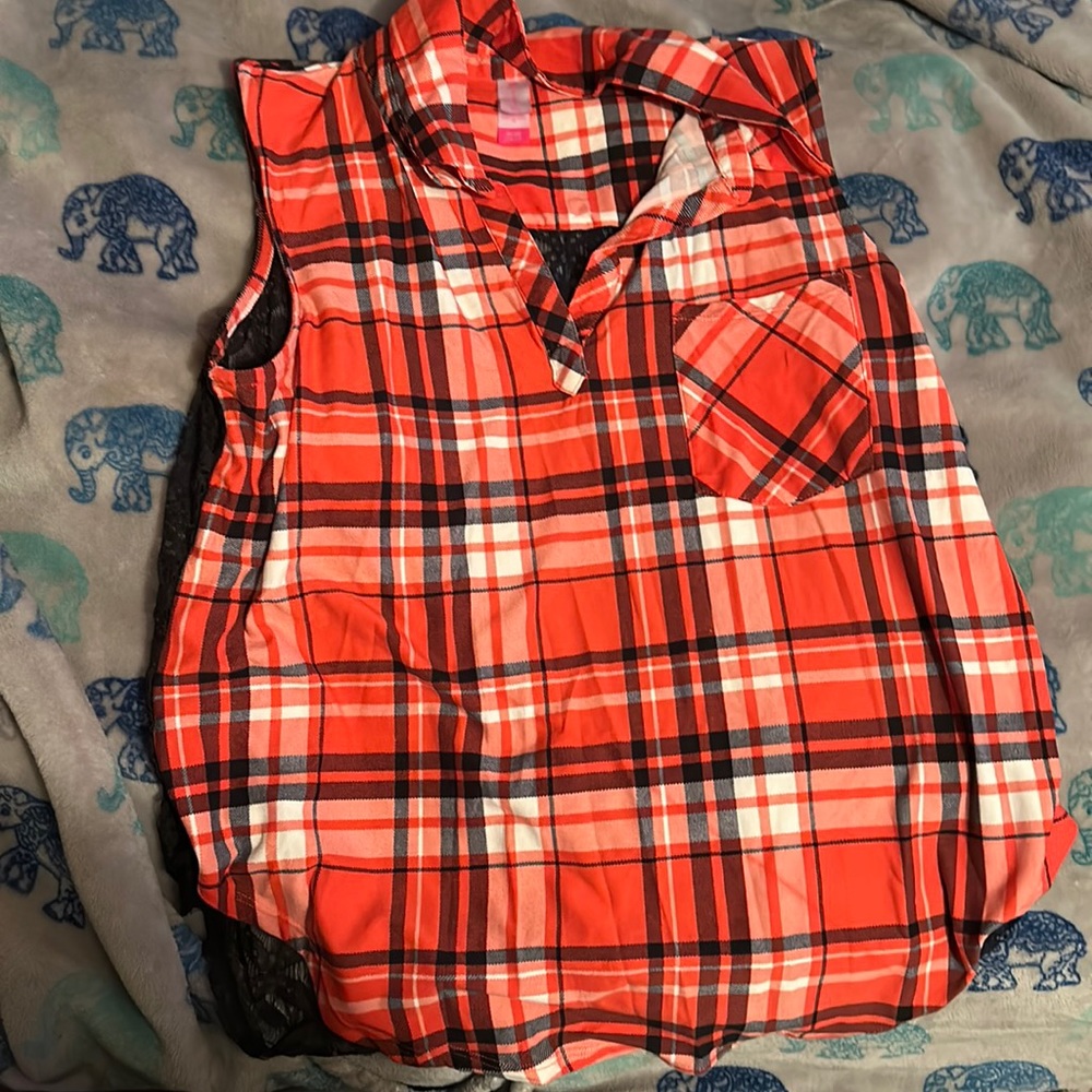 XL (15/17), velvet material plaid shirt. See through black lace on back.